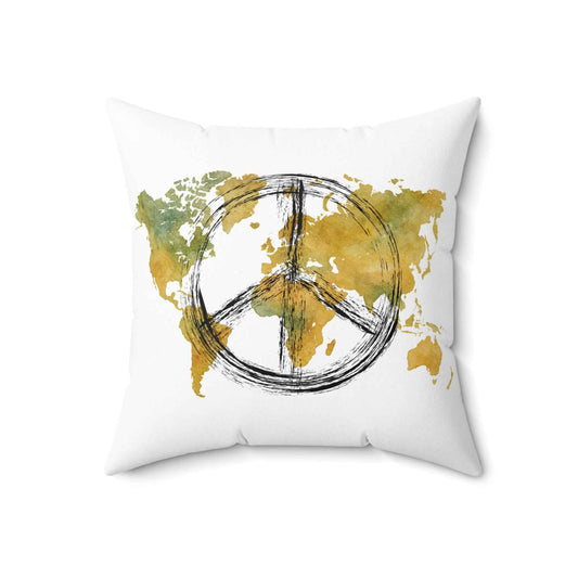 Peace Sign World Map Throw Pillow Earth Toned Decorative Cushion