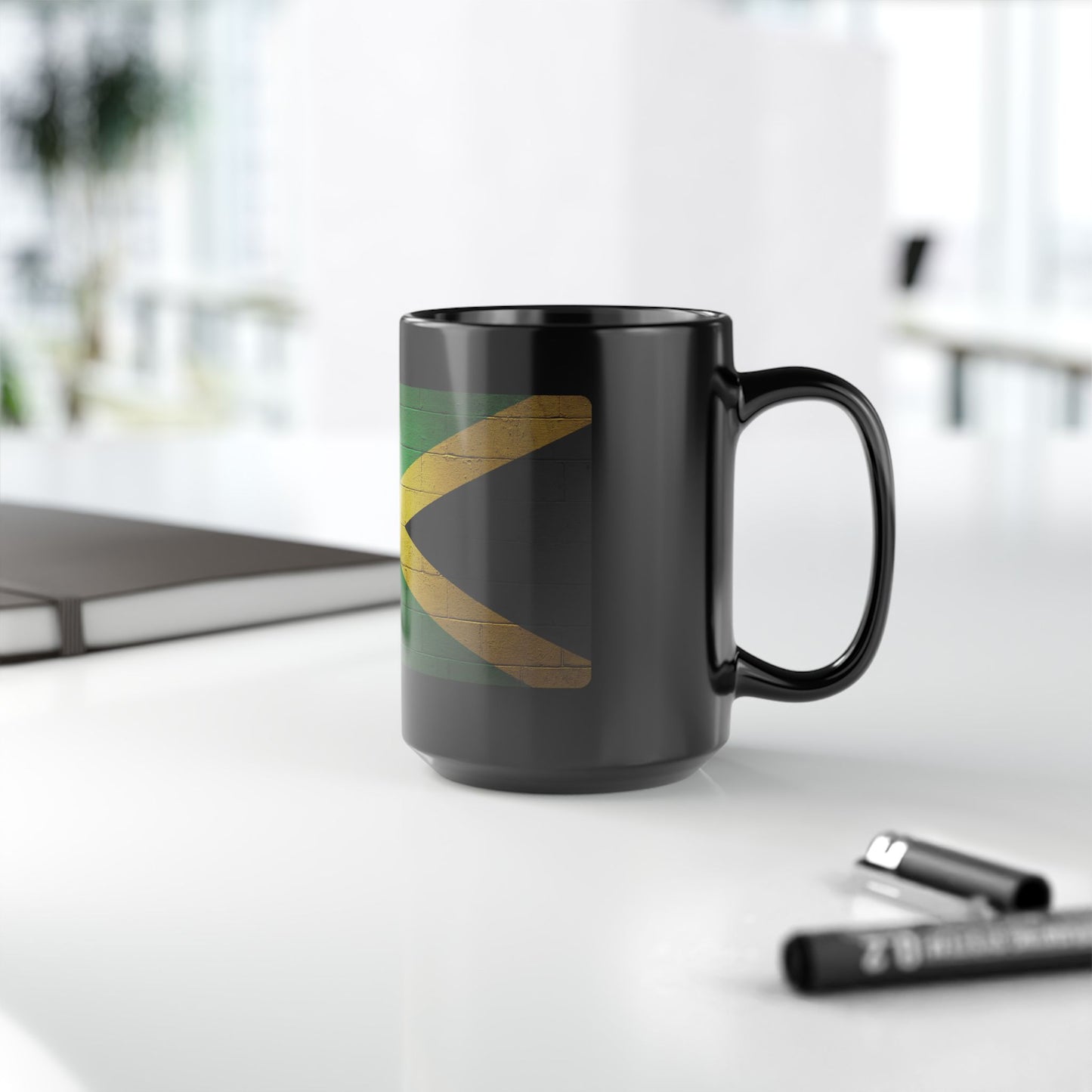 Jamaica Flag Black 15oz Mug — Distressed Brick Print Coffee Cup