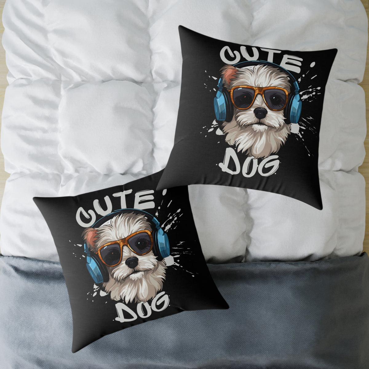 Cute Dog Headphones Square Pillow — Cool Sunglasses Pet Decor