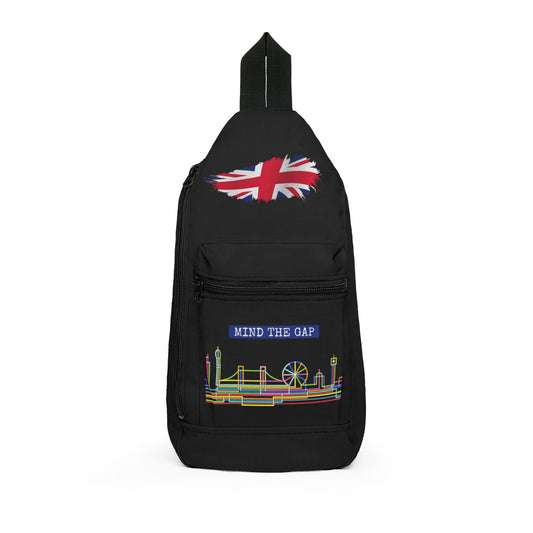 Mind the Gap London Sling Bag — Neon Skyline & Union Jack Travel Crossbody
