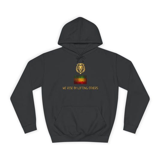 Black hoodie with a lion graphic and text on a white background
