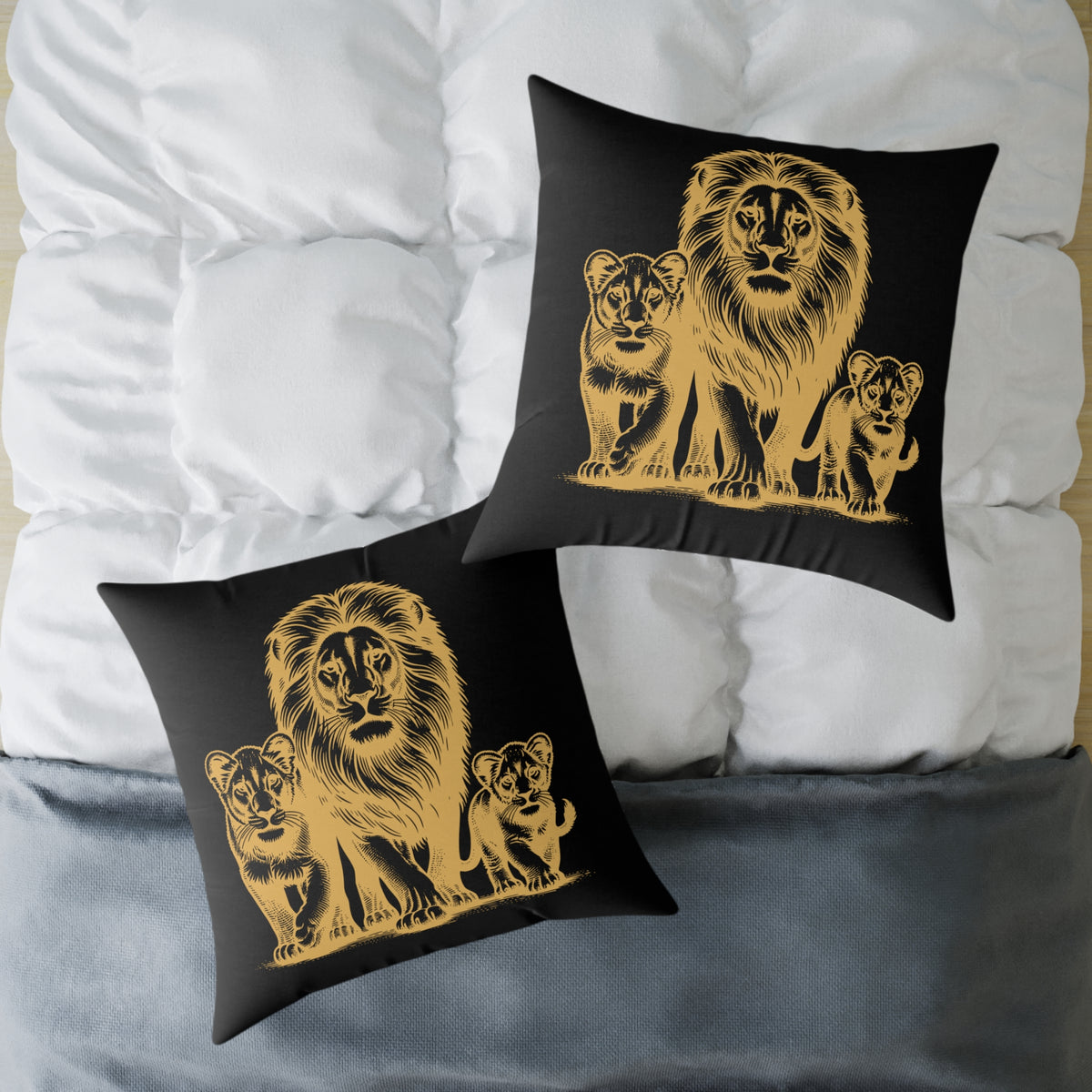 Lion Family Throw Pillow — Gold Safari Lion Cub Decorative Cushion