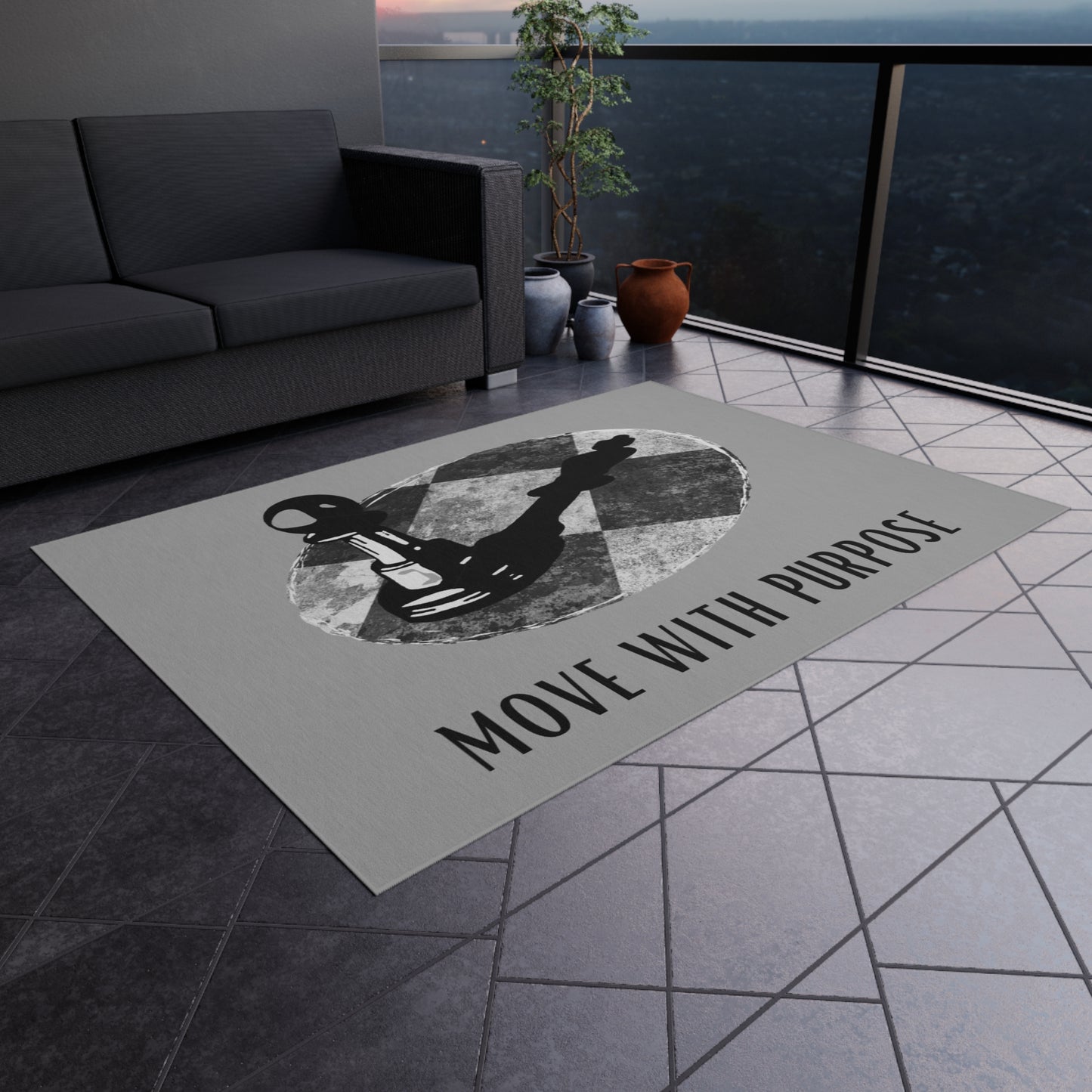 Outdoor Rug — "Move With Purpose" Chess Pawn Motivational Doormat