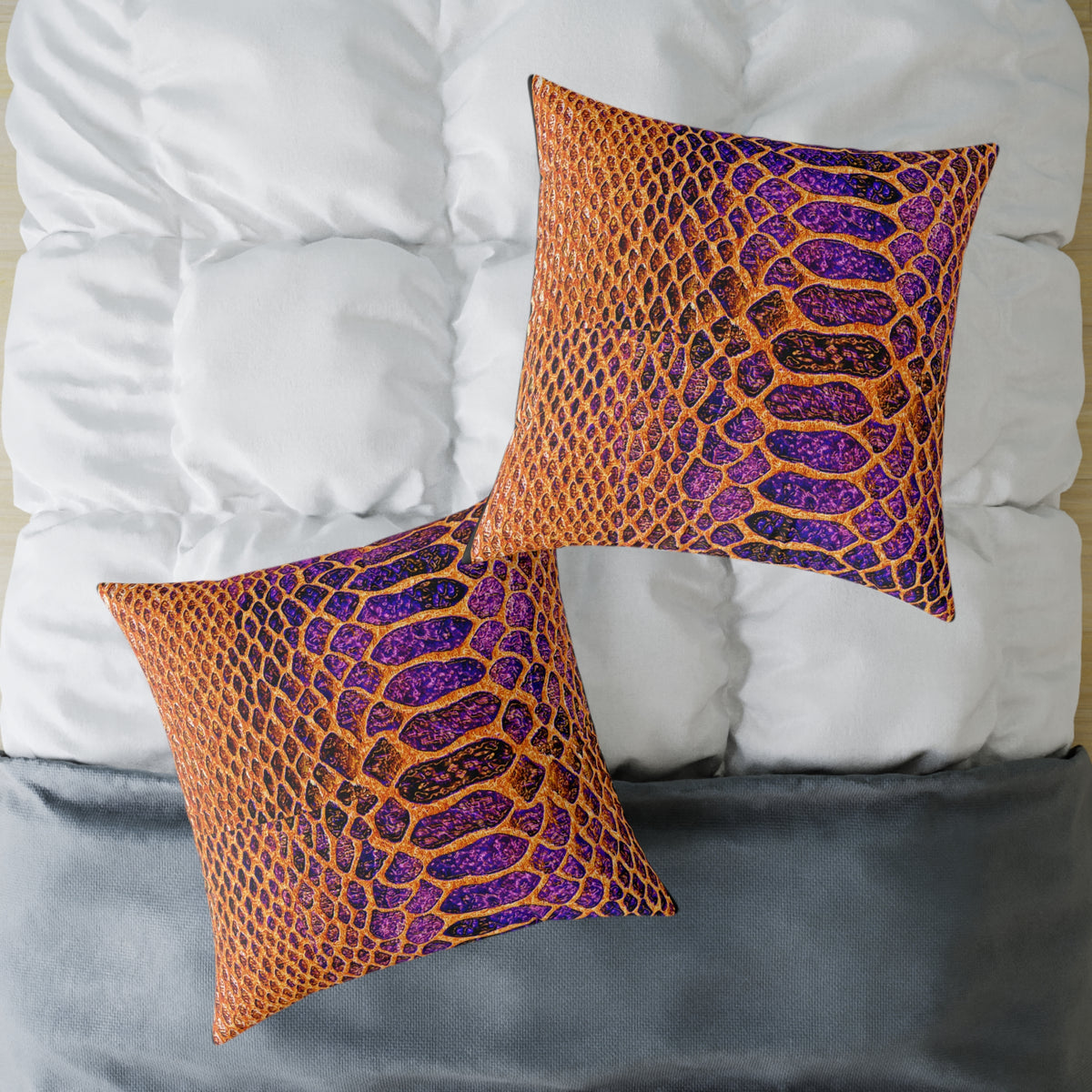 Snake Skin Pattern Square Pillow — Orange & Purple Decorative Throw Cushion