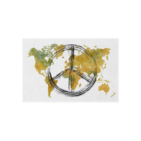 Peace World Map Outdoor Rug — Watercolor Earth & Peace Symbol Doormat