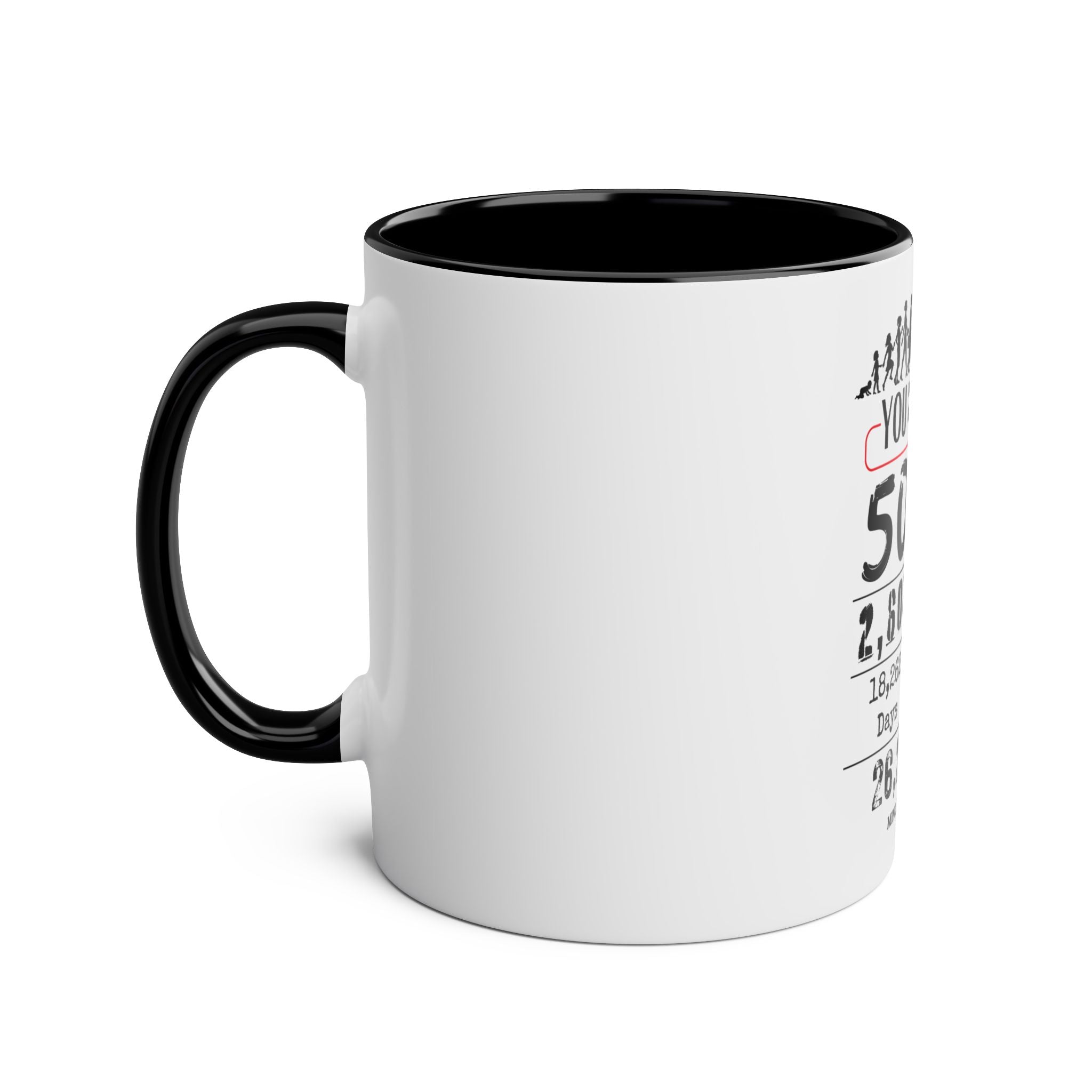 Happy 50th Birthday Gift, Mugs, 2 tone, Boys, Girls, Men, Women, Funny, Age, Facts, Years, Months, Weeks, Days, Hours, Minutes