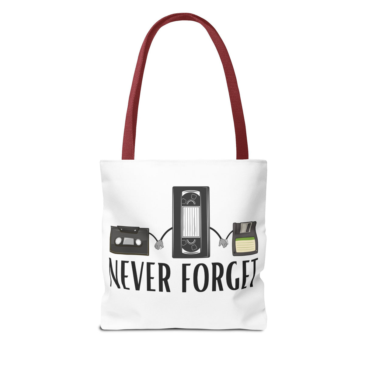 Retro Media 'Never Forget' Tote Bag — Vintage Cassette, VHS & Floppy Design