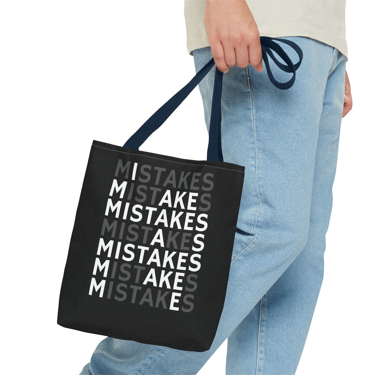 Mistakes Repeat Pattern Tote Bag — Black Typography Shopper