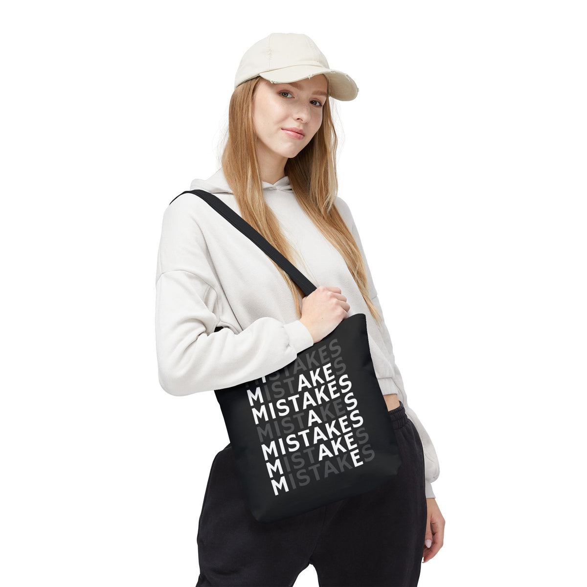Mistakes Repeat Pattern Tote Bag — Black Typography Shopper