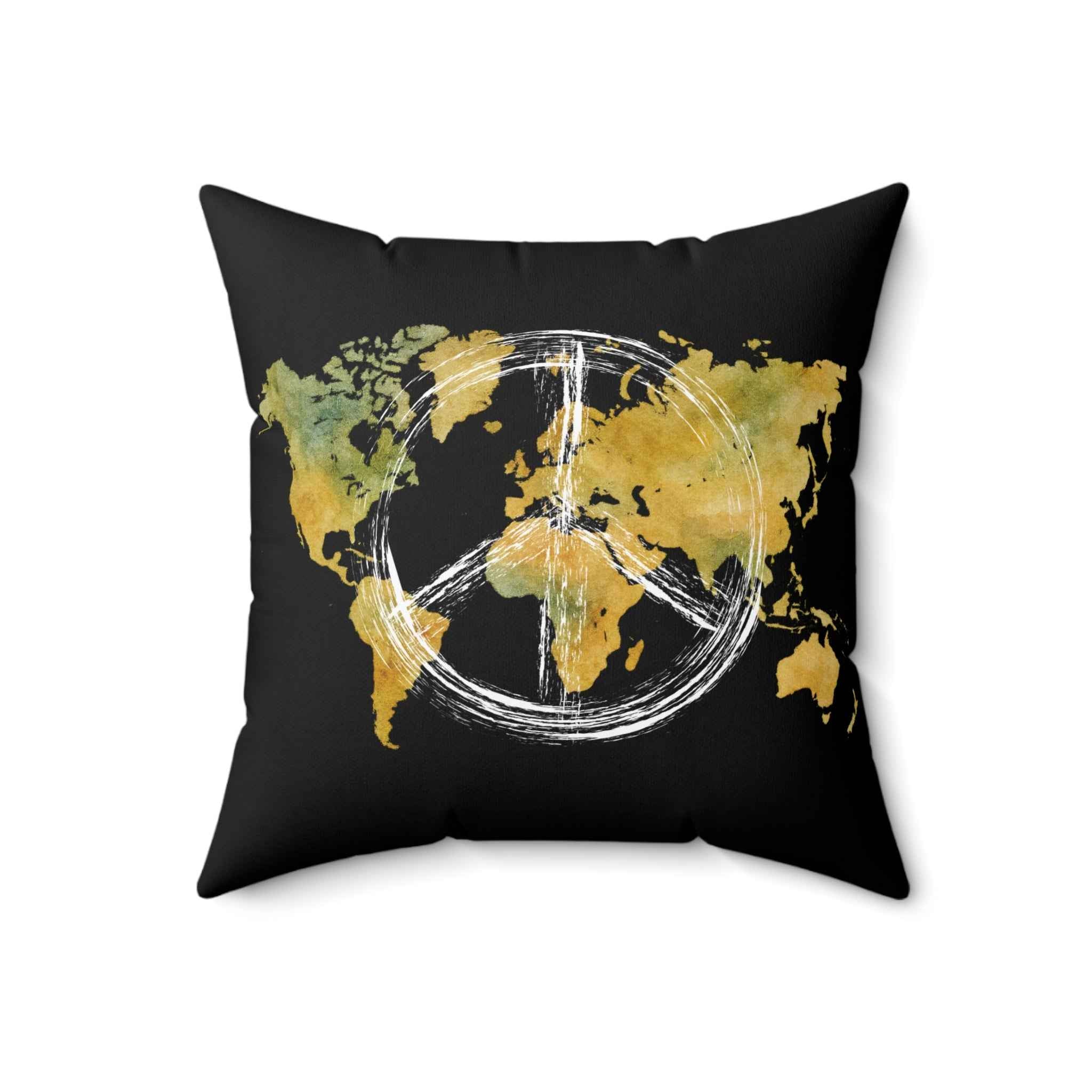 Peace Sign World Map Throw Pillow Earth Toned Decorative Cushion