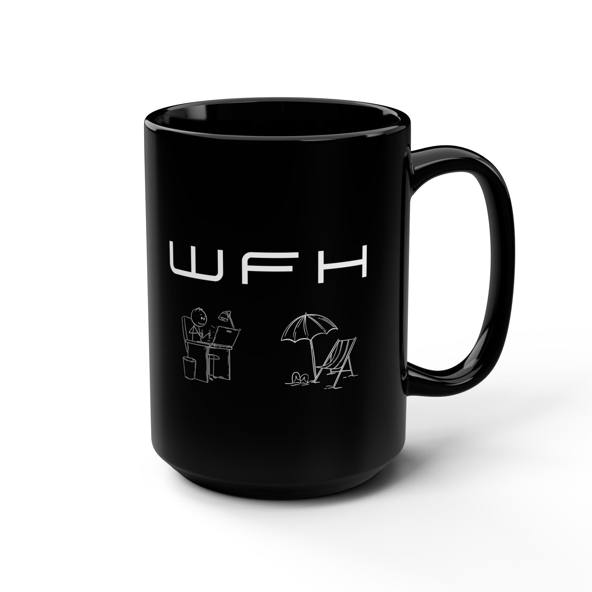 WFH Mug — Work From Home Coffee Cup with Beach & Office Icons (15oz Black Mug)