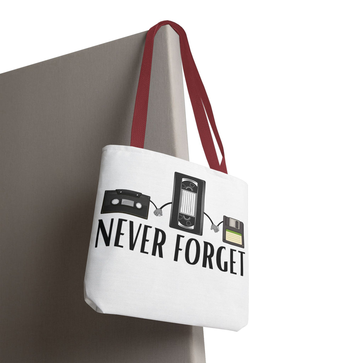 Retro Media 'Never Forget' Tote Bag — Vintage Cassette, VHS & Floppy Design