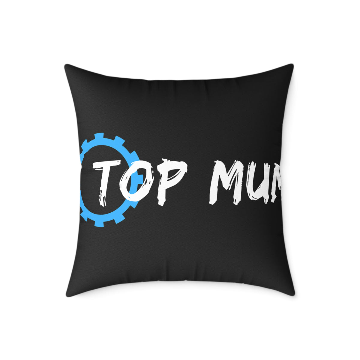 Top Mum Decorative Pillow – Black Square Accent Pillow with Blue Gear Logo