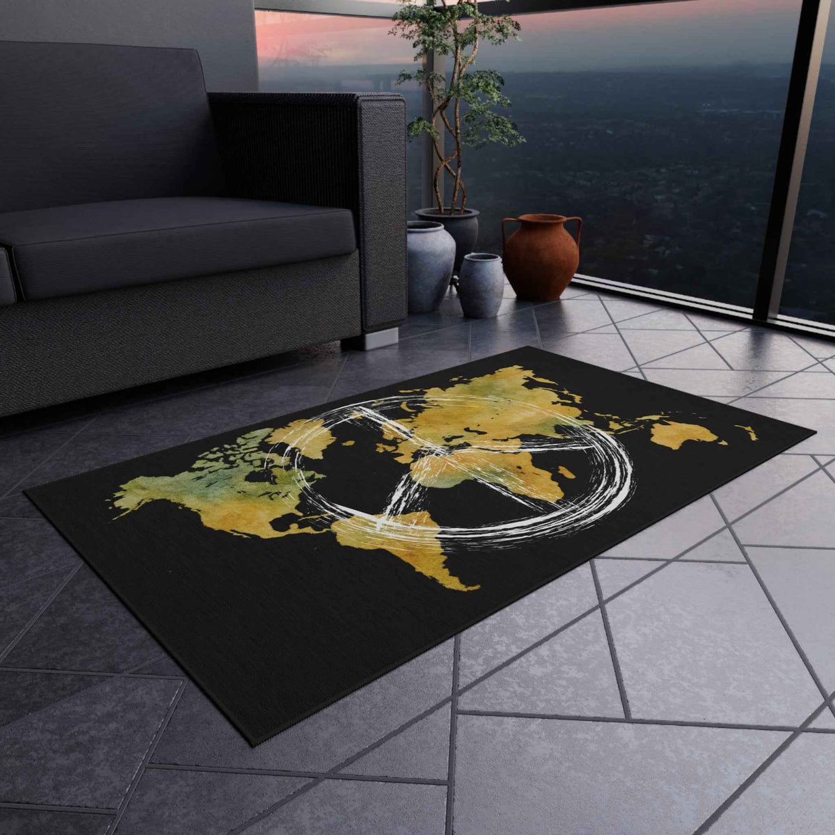 Peace World Map Outdoor Rug — Watercolor Earth & Peace Symbol Doormat