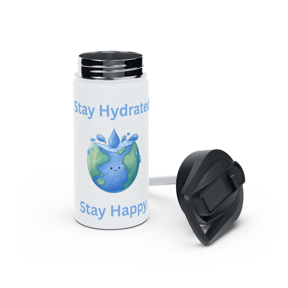 Stay Hydrated Stay Happy Stainless Steel Water Bottle — Cute Earth & Water Drop Design - Conscience Garment