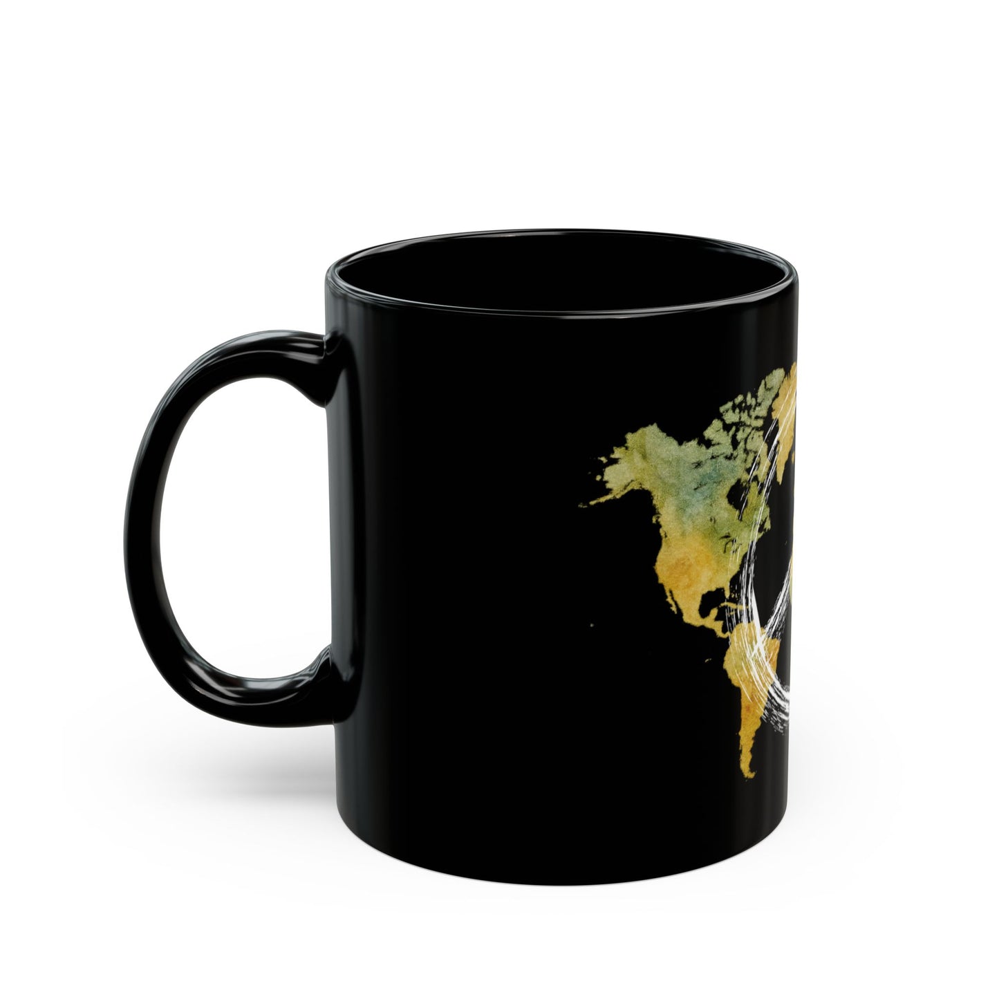 World Peace Earth Black Mug — Gold World Map with Peace Symbol (11oz/15oz)