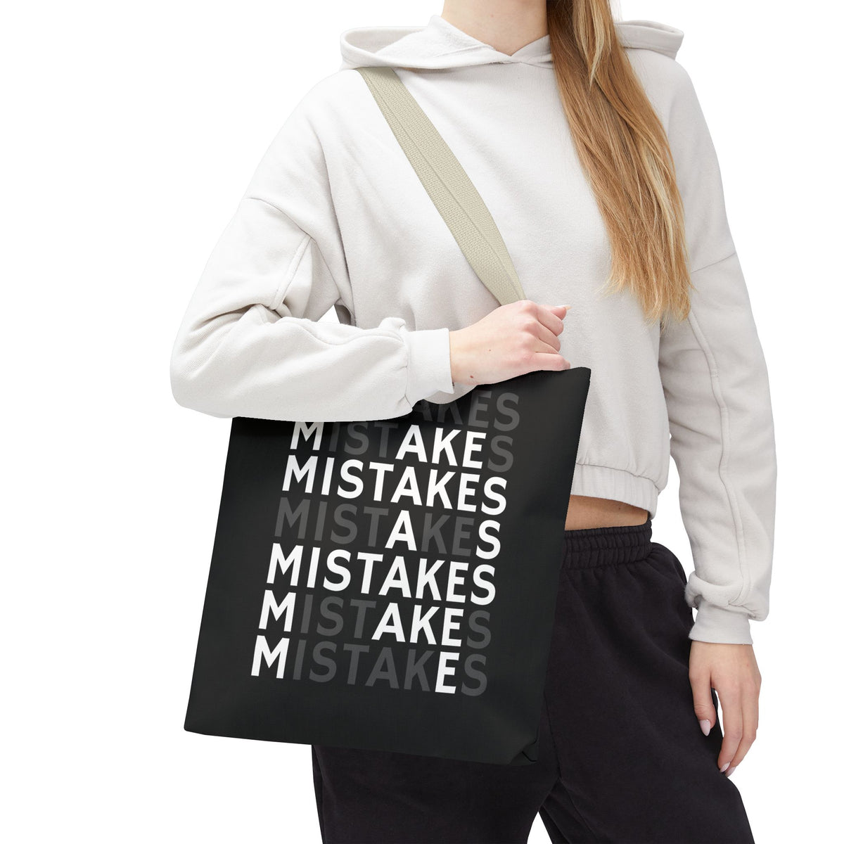 Mistakes Repeat Pattern Tote Bag — Black Typography Shopper