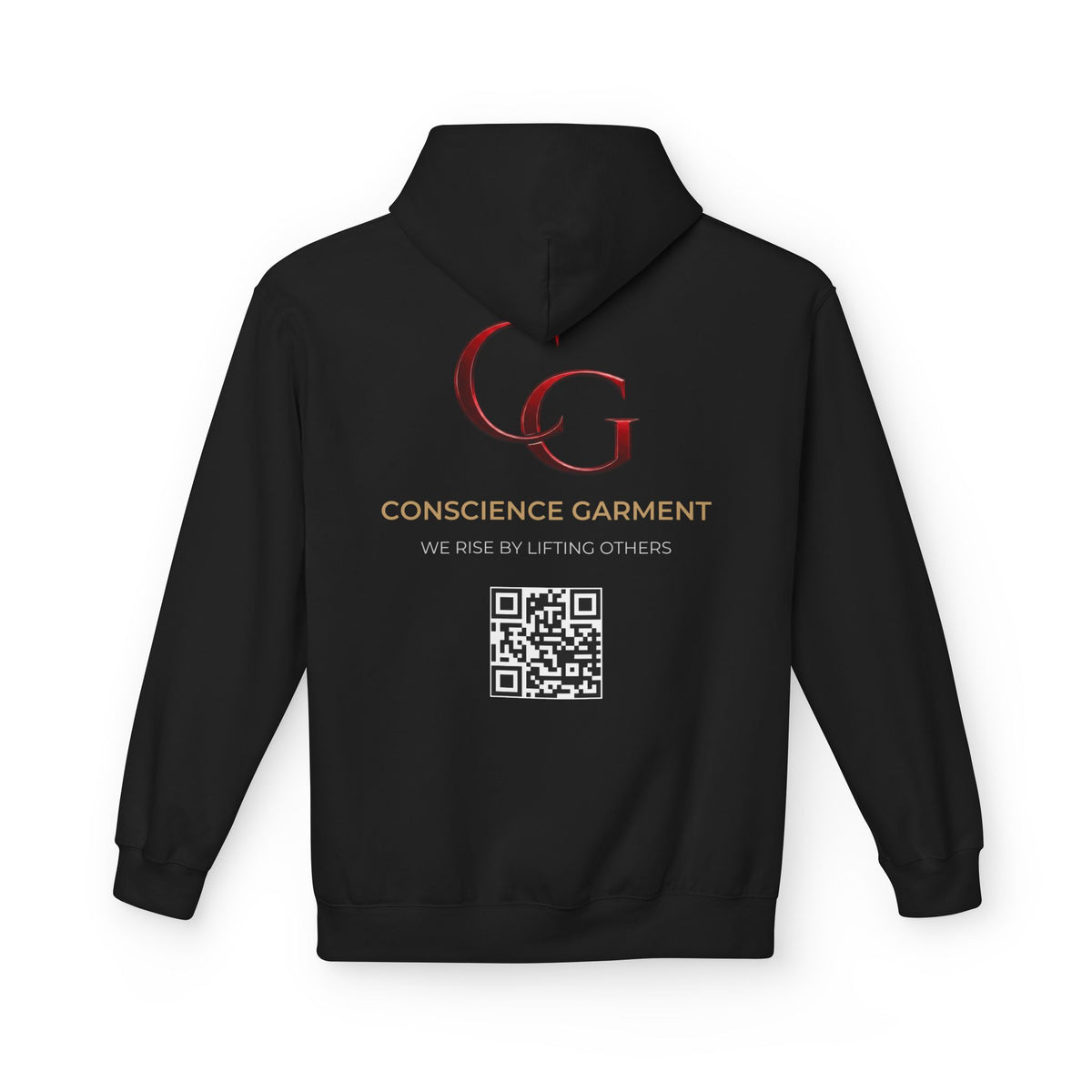 Conscience Garment Hoodie — "We Rise By Lifting Others" Logo Pullover with QR Code