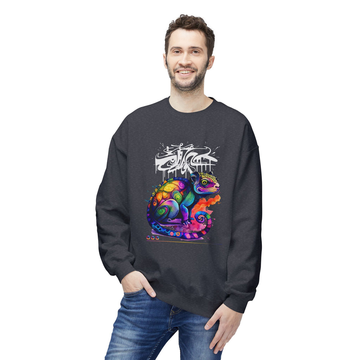 Colorful Chameleon Crewneck Sweatshirt — Vibrant Graffiti Lizard Graphic