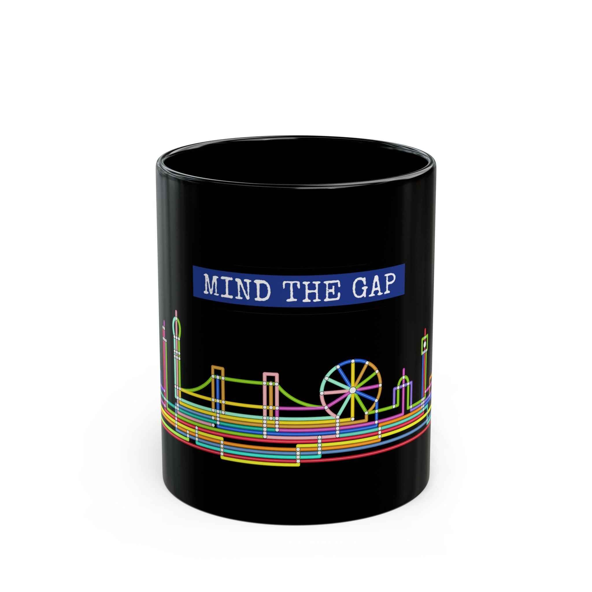 Mind The Gap Black Mug — Neon London Skyline 11oz/15oz