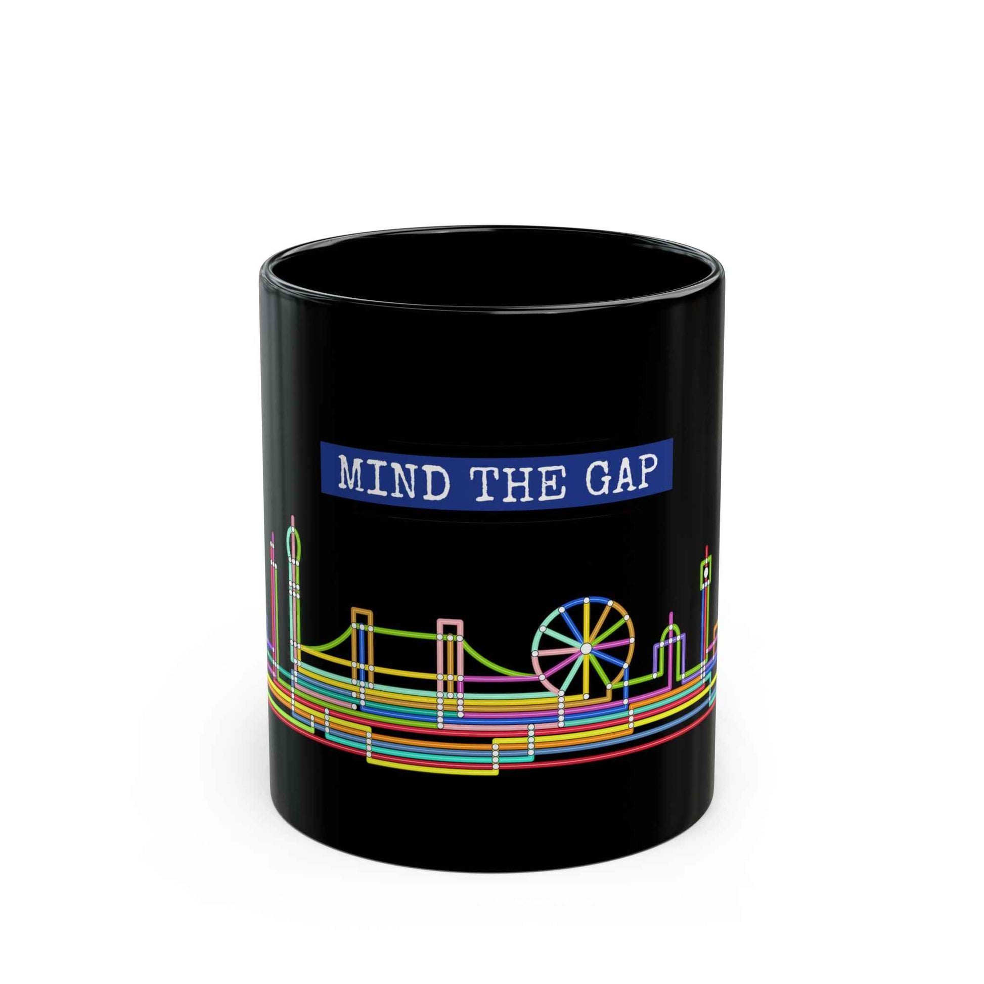 Mind The Gap Black Mug — Neon London Skyline 11oz/15oz