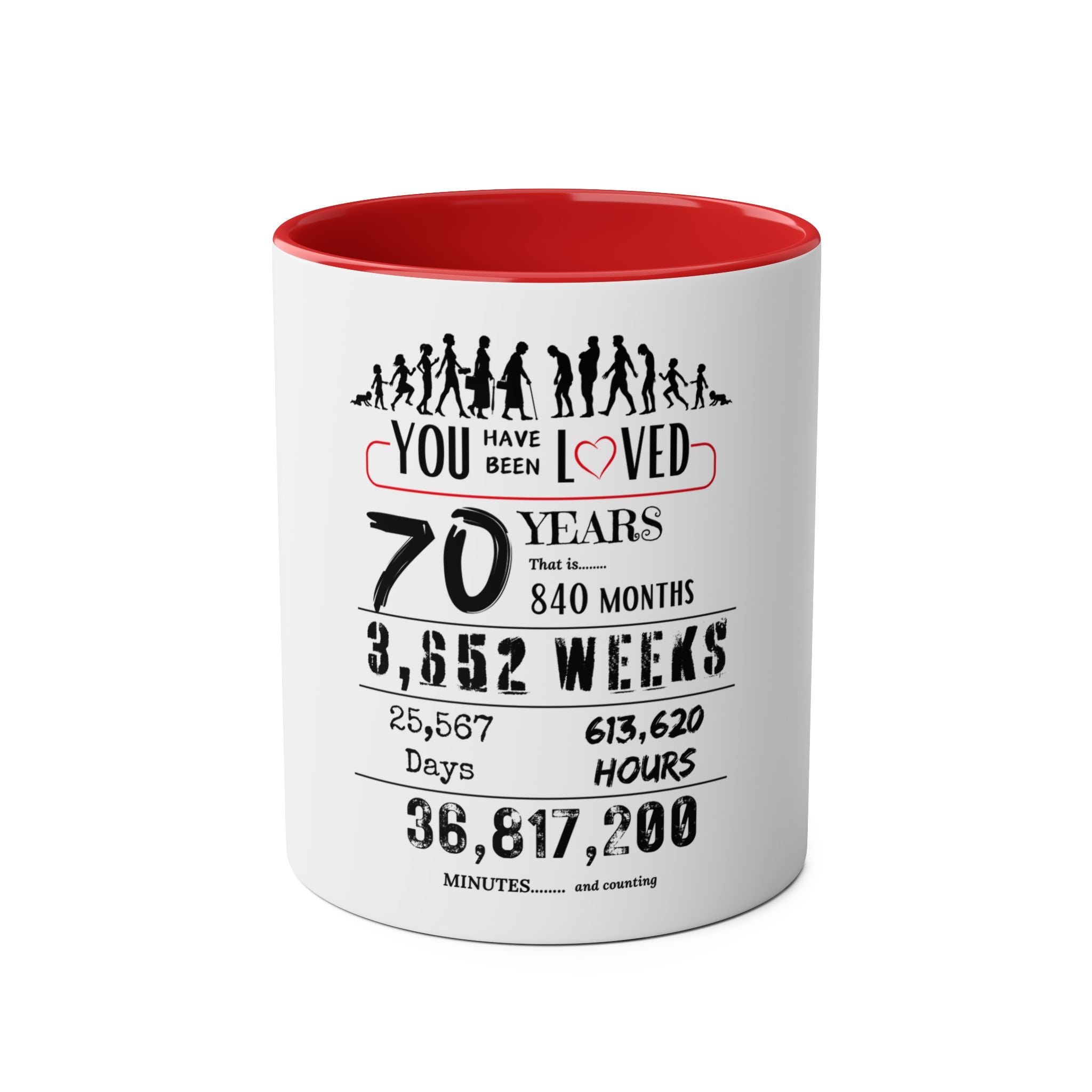 Happy 70th Birthday Gift, Mugs, 2 tone, Boys, Girls, Men, Women, Funny, Age, Facts, Years, Months, Weeks, Days, Hours, Minutes