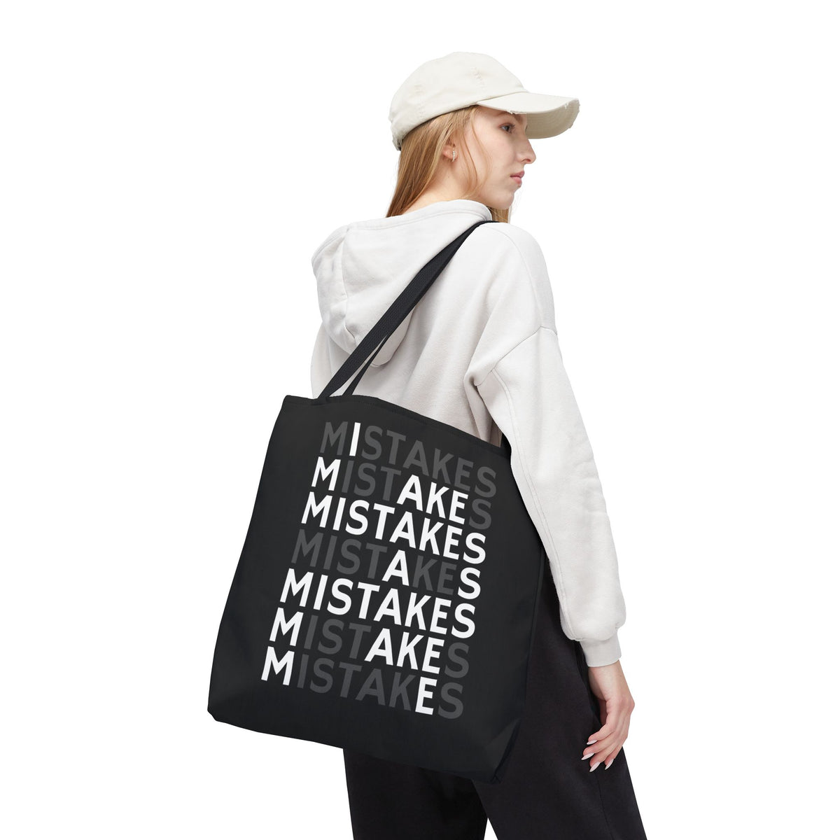 Mistakes Repeat Pattern Tote Bag — Black Typography Shopper