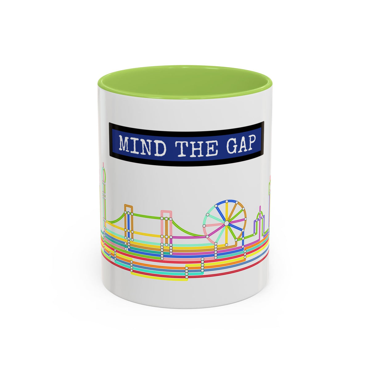 Mind the Gap Coffee Mug — Colorful City Skyline Accent Mug (11/15oz)