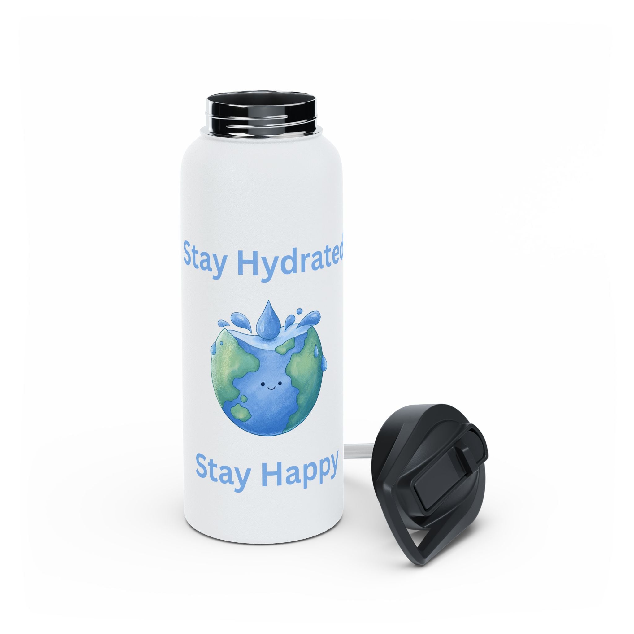 Stay Hydrated Stay Happy Stainless Steel Water Bottle — Cute Earth & Water Drop Design