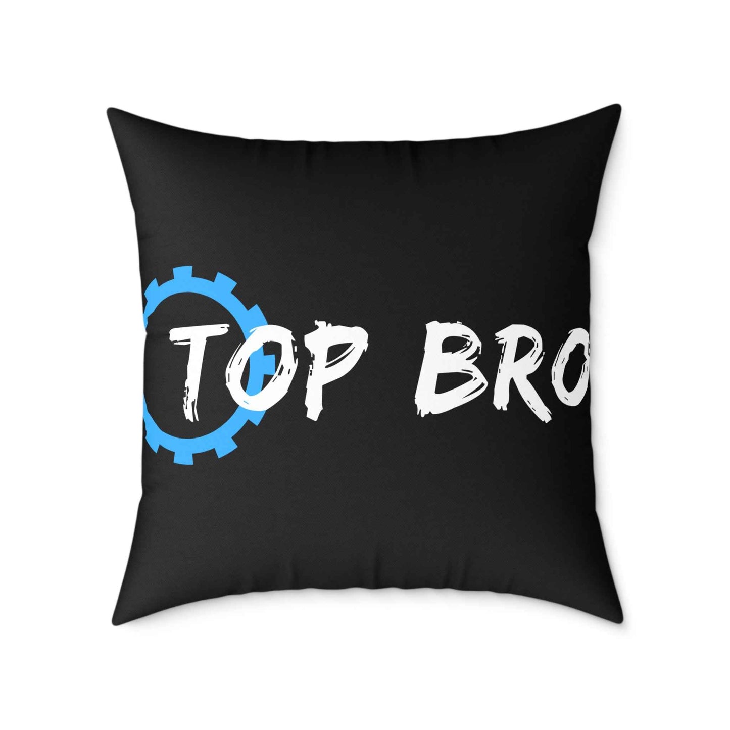 Top Bro Square Throw Pillow - Black Canvas Accent Cushion with Gear Logo