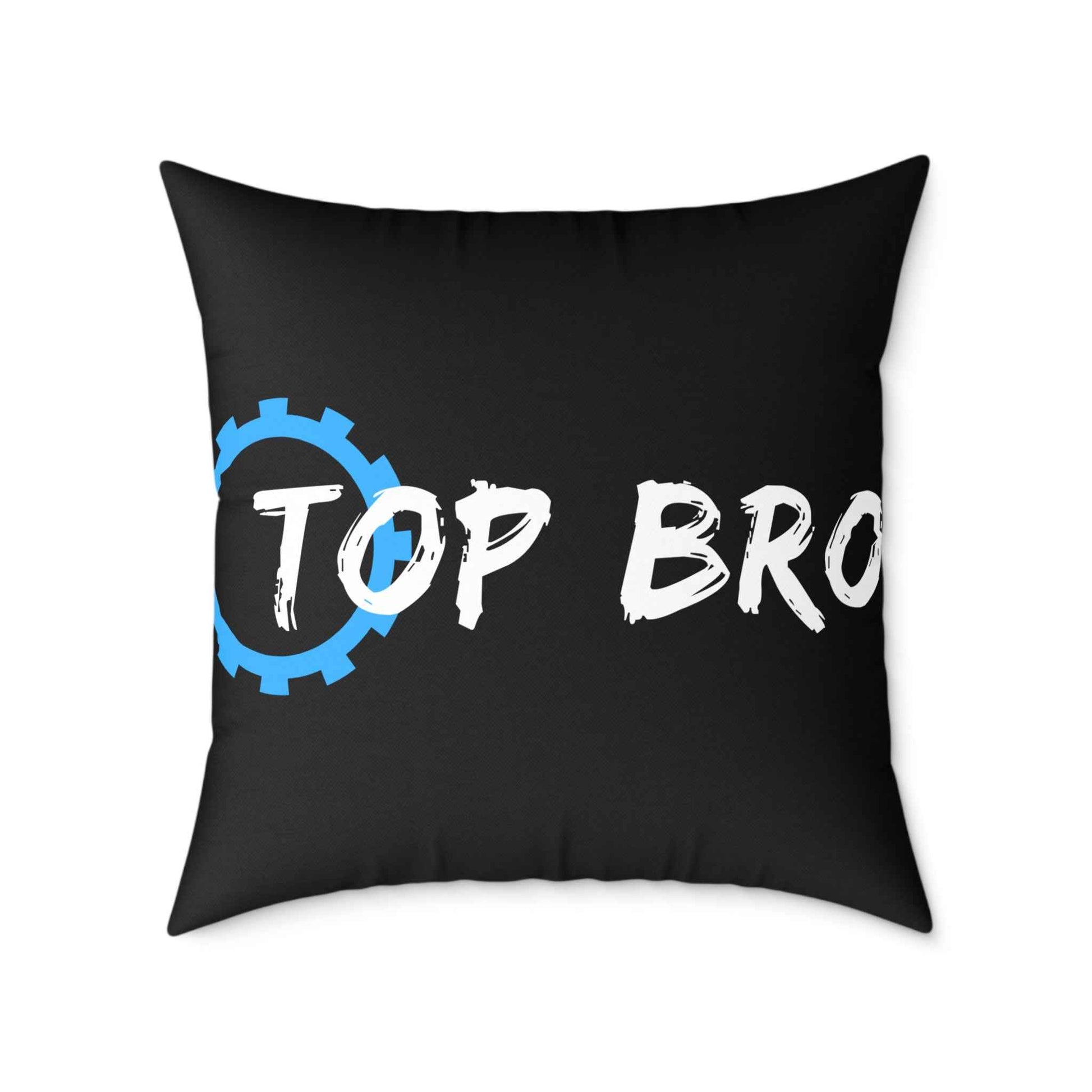 Top Bro Square Throw Pillow - Black Canvas Accent Cushion with Gear Logo
