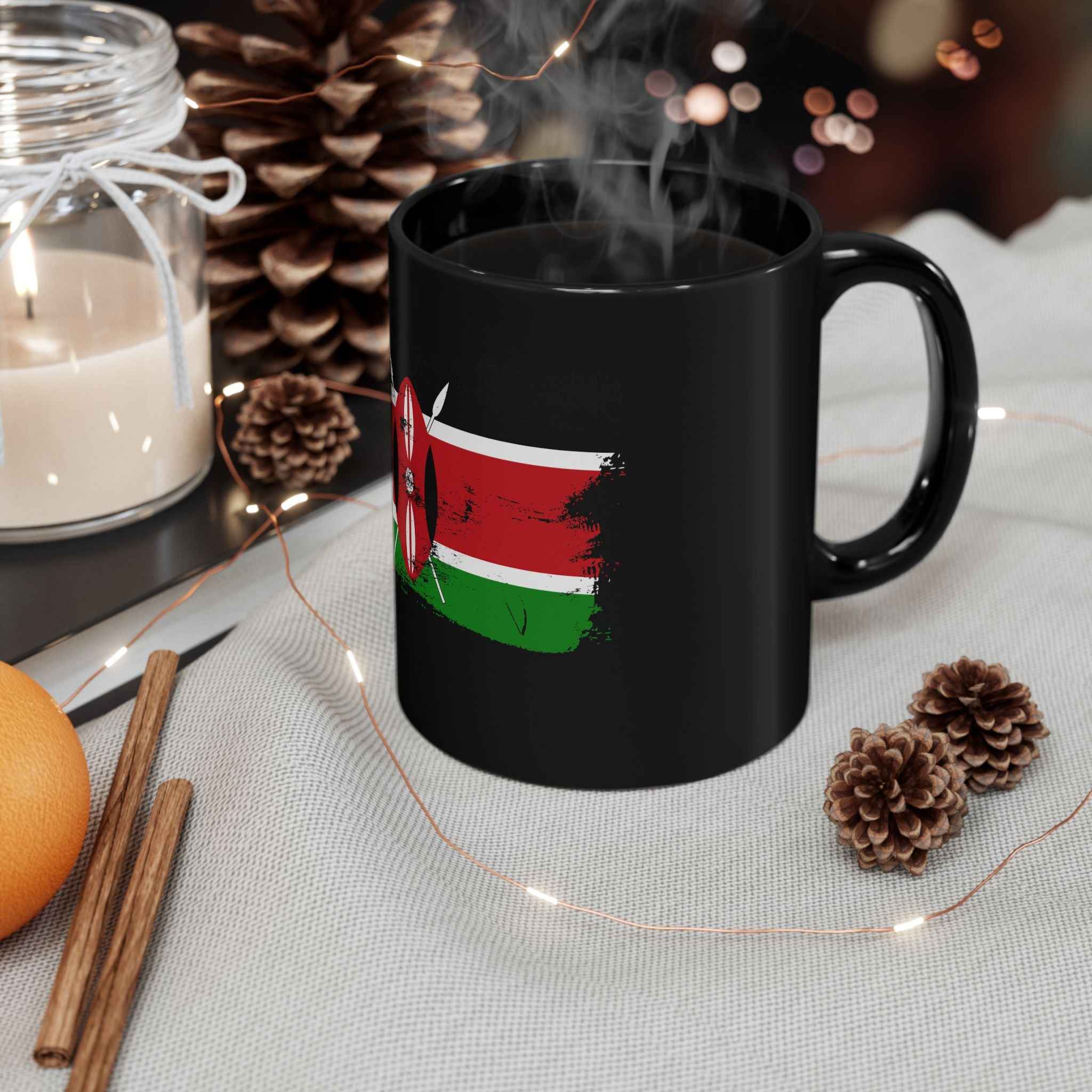 Kenya Flag Black Coffee Mug – Distressed Kenyan Shield & Spears Design (11oz, 15oz)