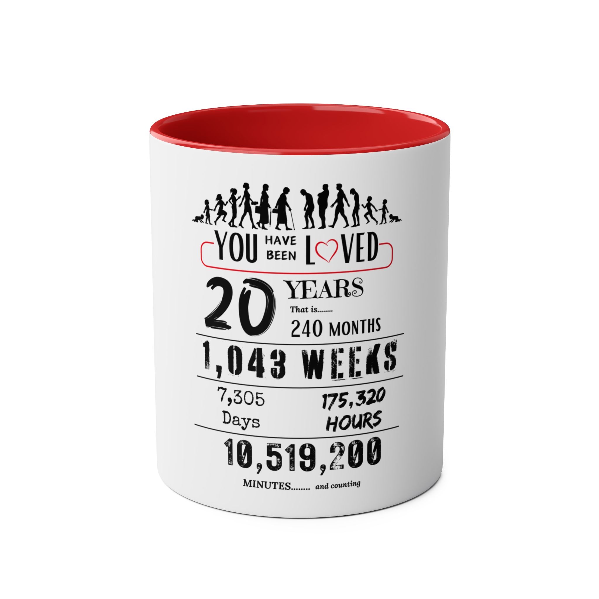 Happy 20th Birthday Gift, Mugs, 2 tone, Boys, Girls, Men, Women, Funny, Age, Facts, Years, Months, Weeks, Days, Hours, Minutes