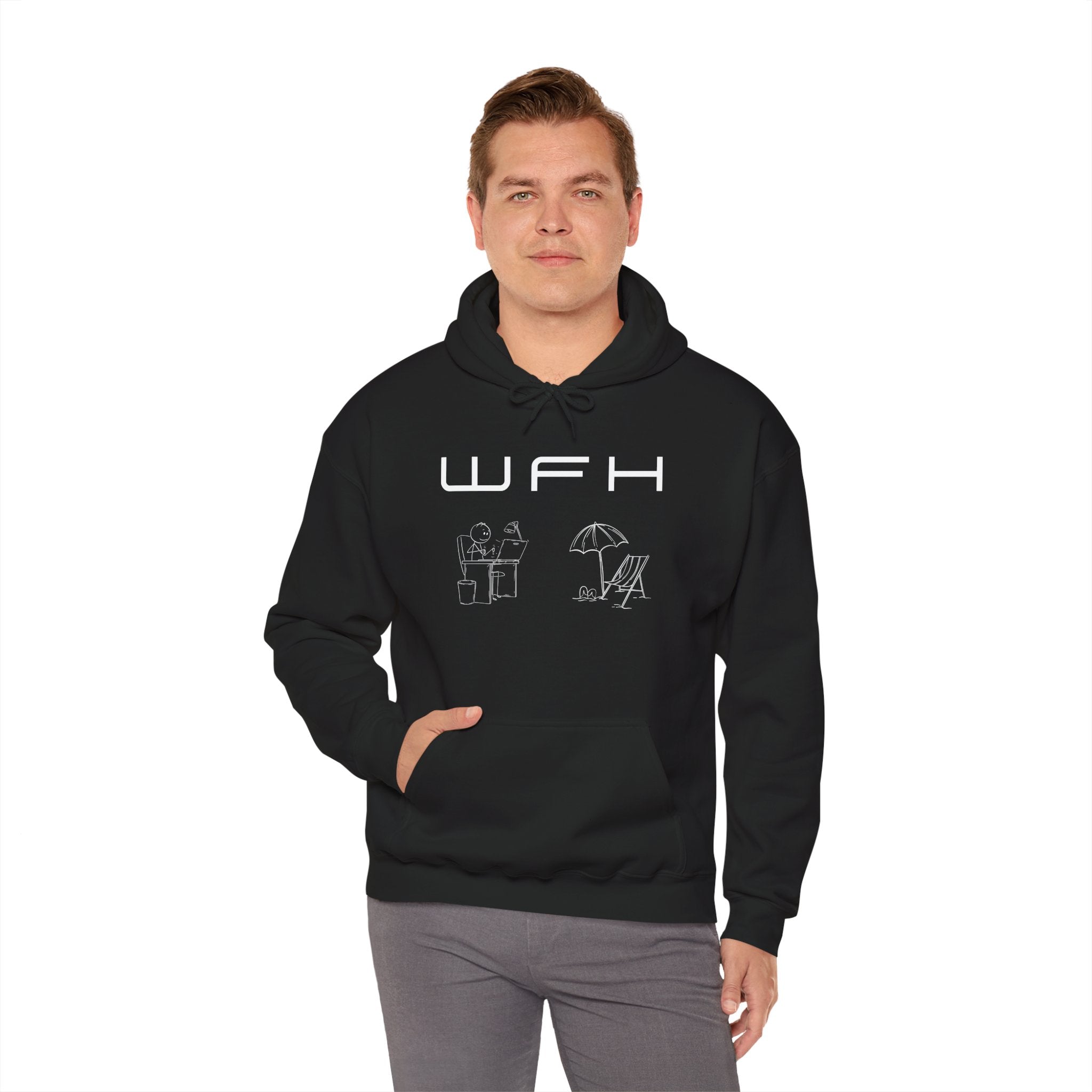 WFH Minimalist Hoodie — Work From Home Sweatshirt with Desk & Beach Icons