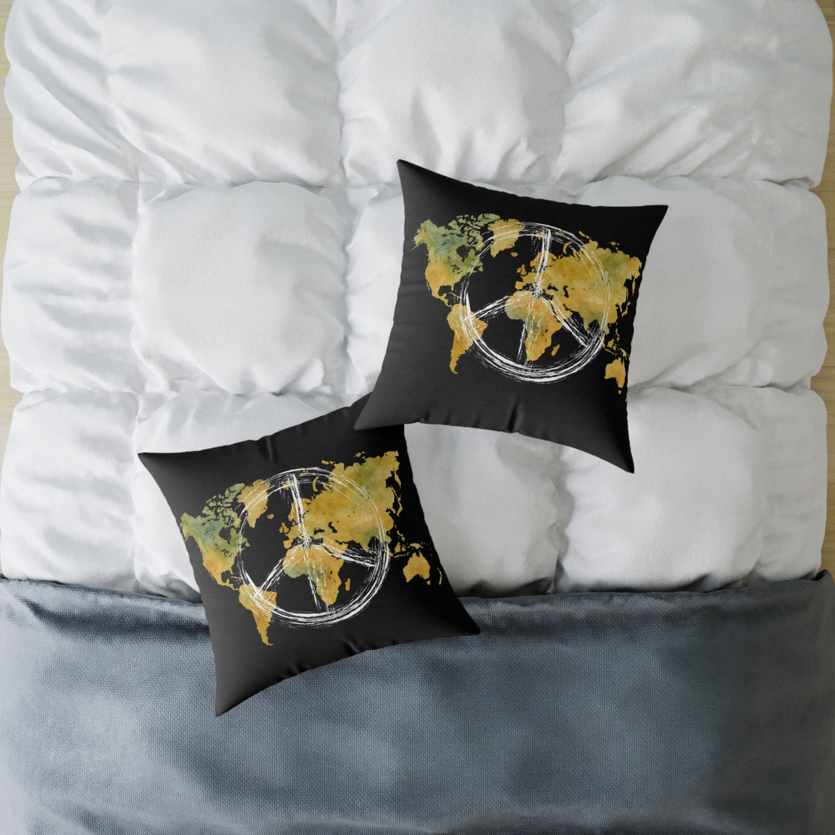World Map Peace Sign Throw Pillow — Gold & Black Travel Decorative Pillow