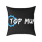 Top Mum Decorative Pillow – Black Square Accent Pillow with Blue Gear Logo