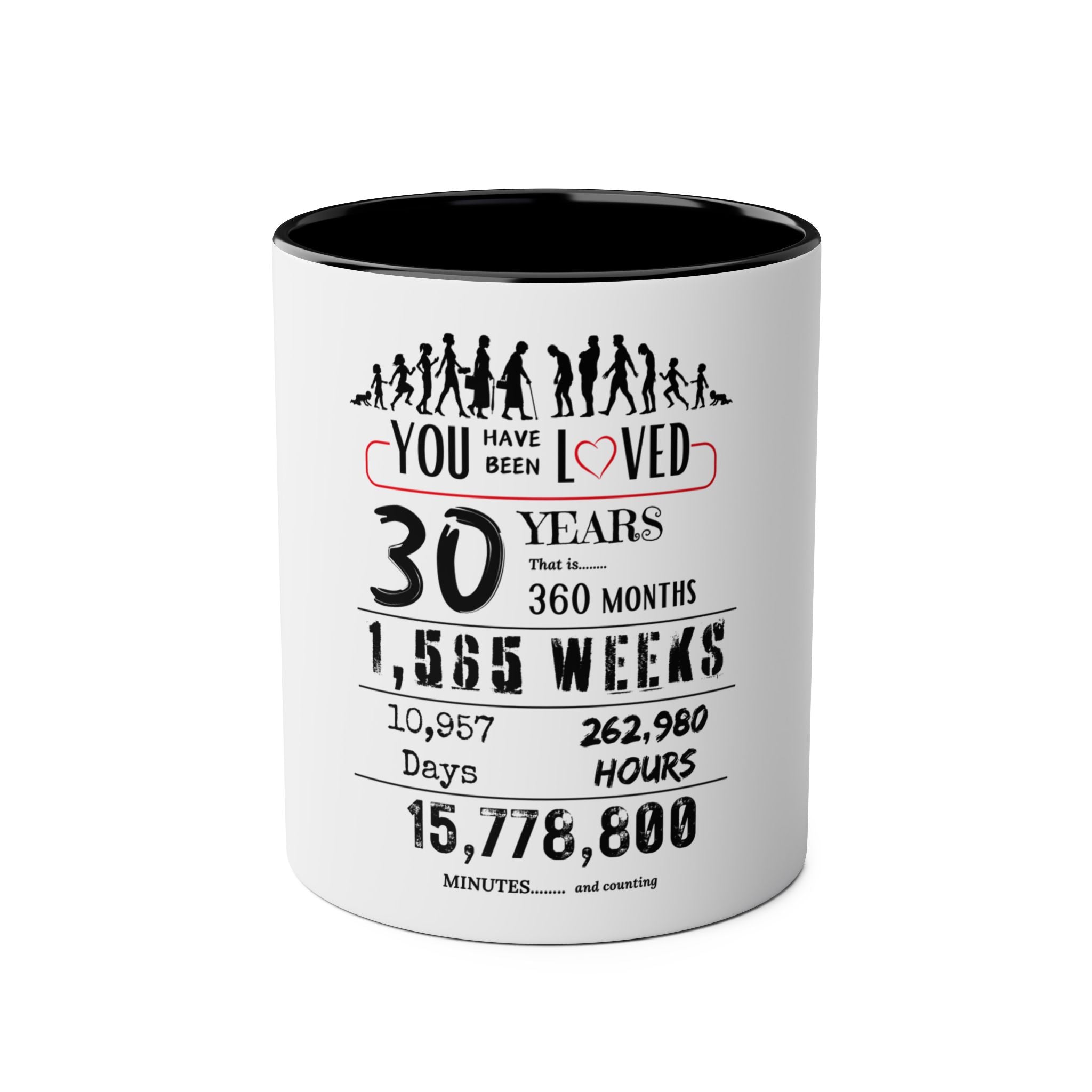 Happy 30th Birthday Gift, Mugs, 2 tone, Boys, Girls, Men, Women, Funny, Age, Facts, Years, Months, Weeks, Days, Hours, Minutes