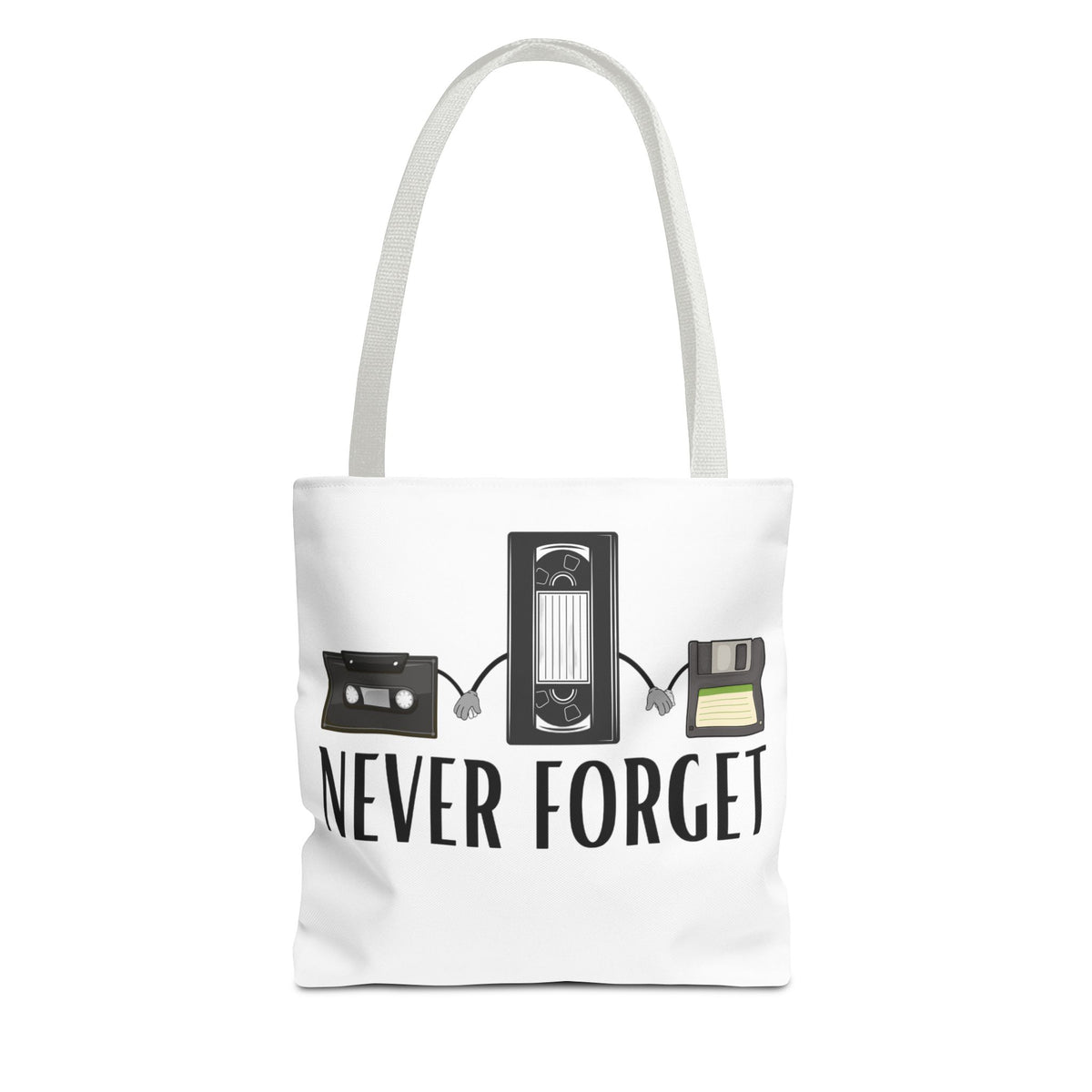 Retro Media 'Never Forget' Tote Bag — Vintage Cassette, VHS & Floppy Design