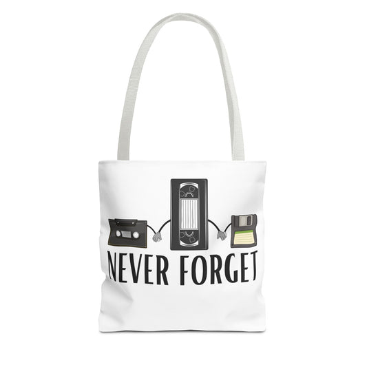 Retro Media 'Never Forget' Tote Bag — Vintage Cassette, VHS & Floppy Design