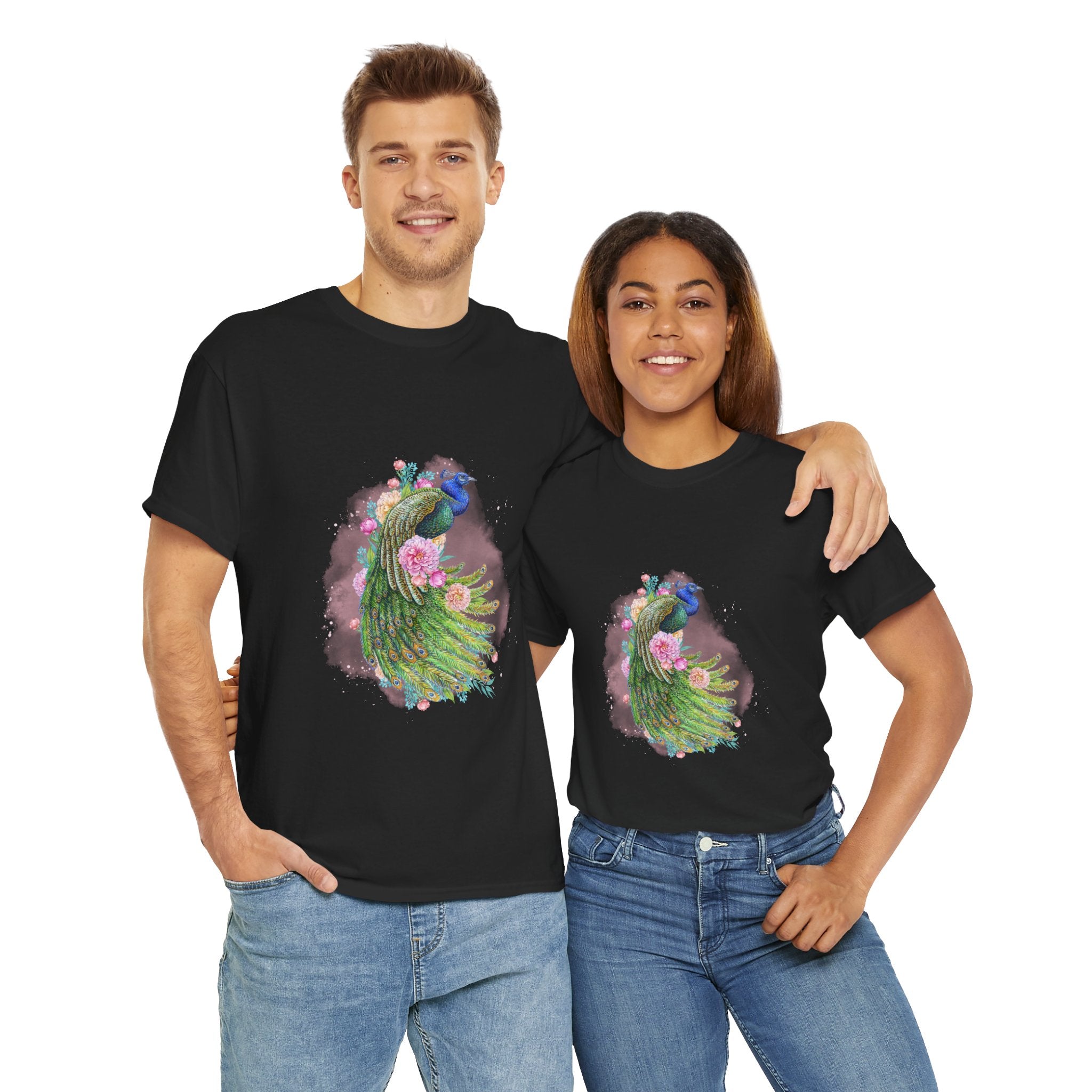 Peacock Floral Tee — Colorful Peacock Graphic T-Shirt - Conscience Garment