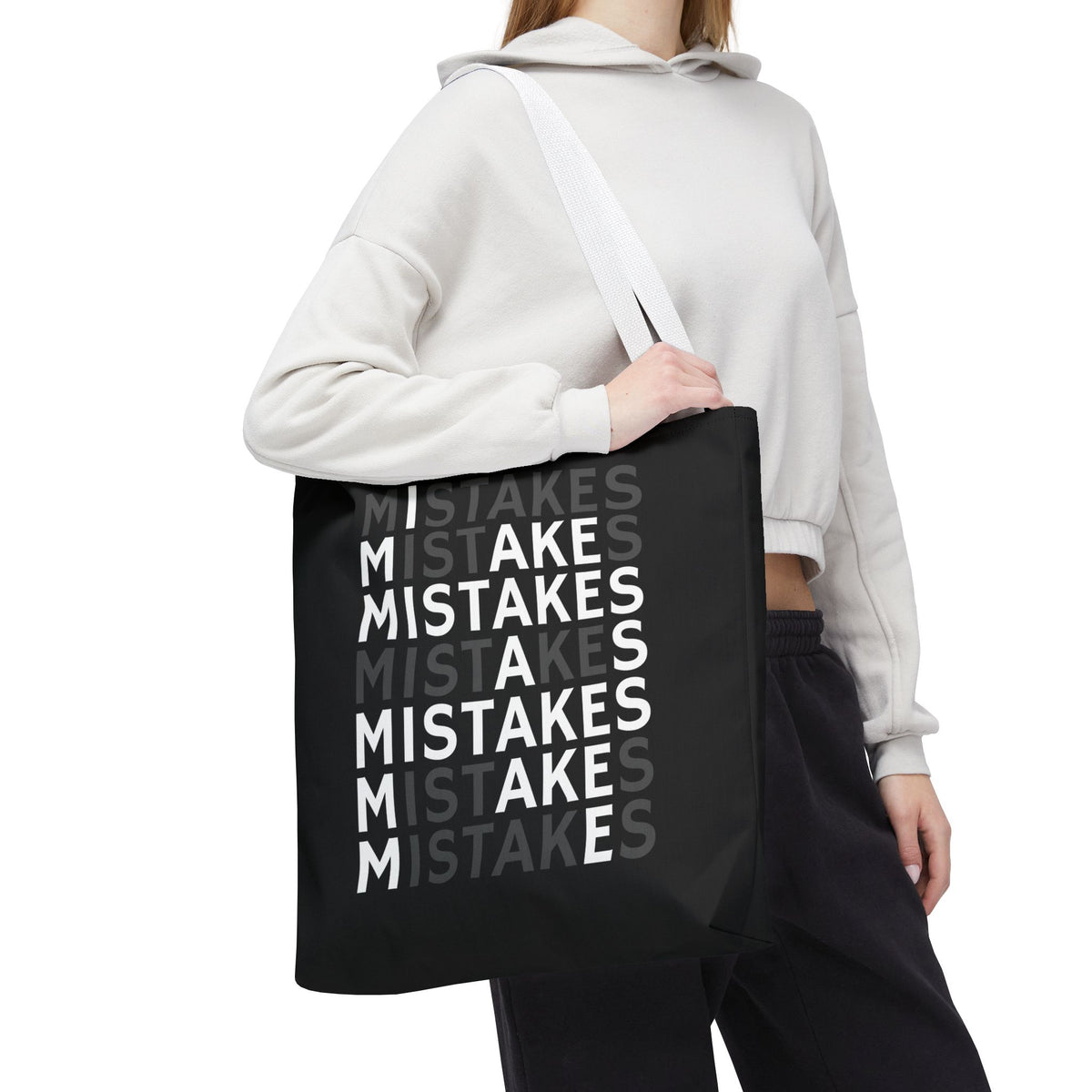 Mistakes Repeat Pattern Tote Bag — Black Typography Shopper