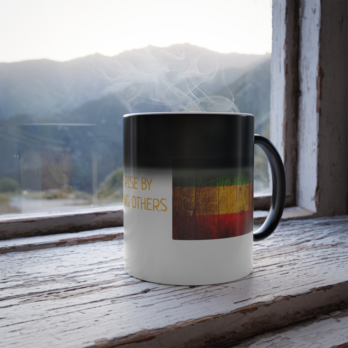 Color-Changing Mug "We Rise By Lifting Others" Inspirational Lion Design, 11 oz - Conscience Garment