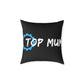 Top Mum Decorative Pillow – Black Square Accent Pillow with Blue Gear Logo