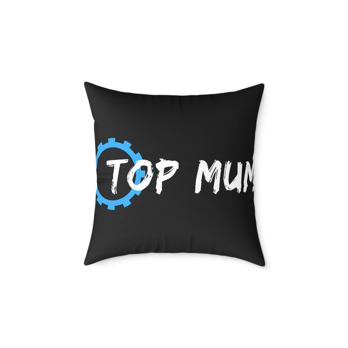Top Mum Decorative Pillow – Black Square Accent Pillow with Blue Gear Logo