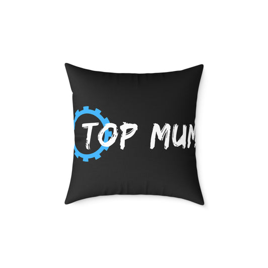 Top Mum Decorative Pillow – Black Square Accent Pillow with Blue Gear Logo