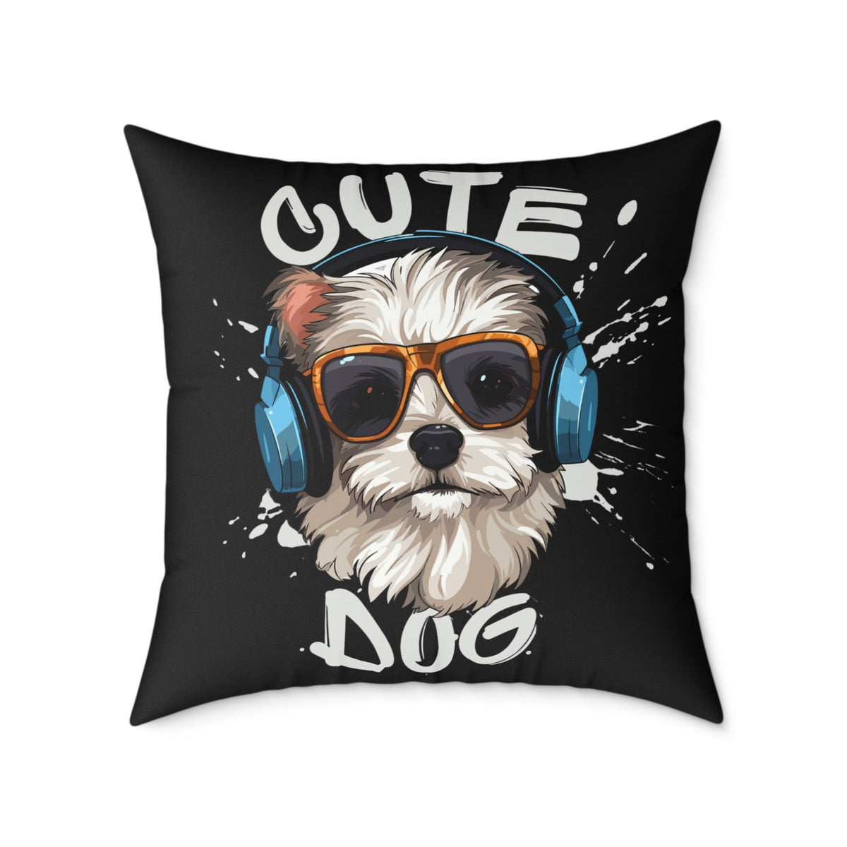 Cute Dog Headphones Square Pillow — Cool Sunglasses Pet Decor