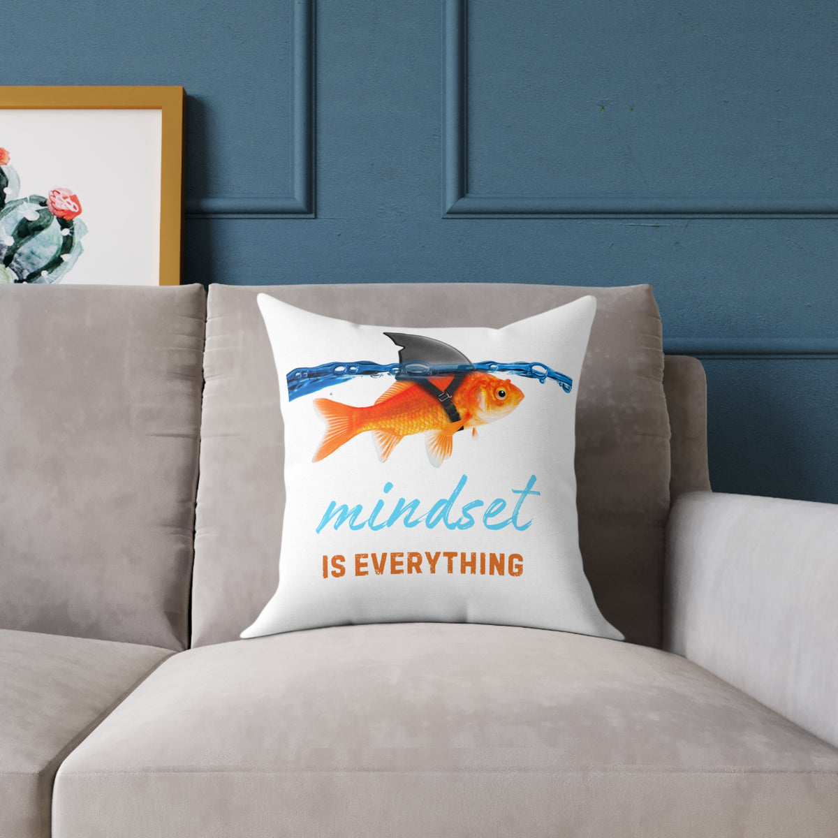 Mindset Is Everything Square Throw Pillow – Goldfish with Shark Fin Motivational Accent Pillow