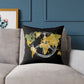 World Map Peace Sign Throw Pillow — Gold & Black Travel Decorative Pillow