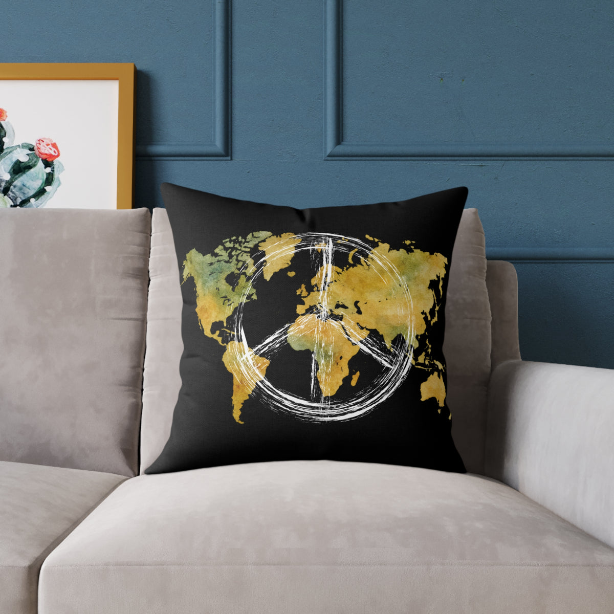 World Map Peace Sign Throw Pillow — Gold & Black Travel Decorative Pillow