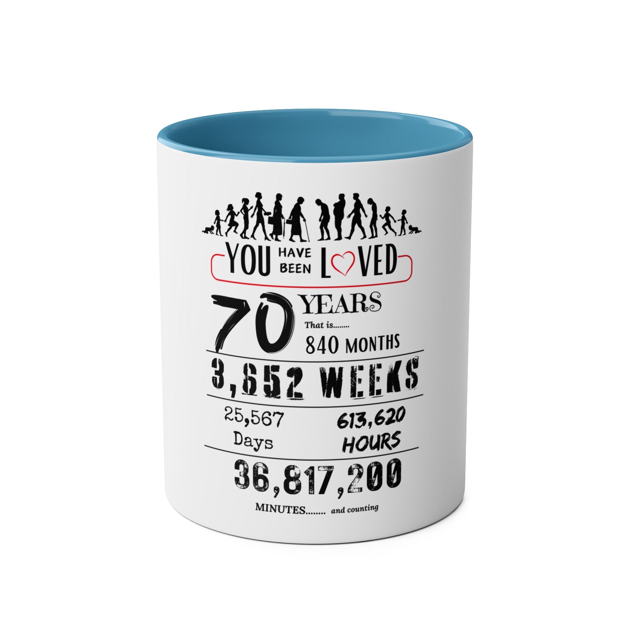 Happy 70th Birthday Gift, Mugs, 2 tone, Boys, Girls, Men, Women, Funny, Age, Facts, Years, Months, Weeks, Days, Hours, Minutes